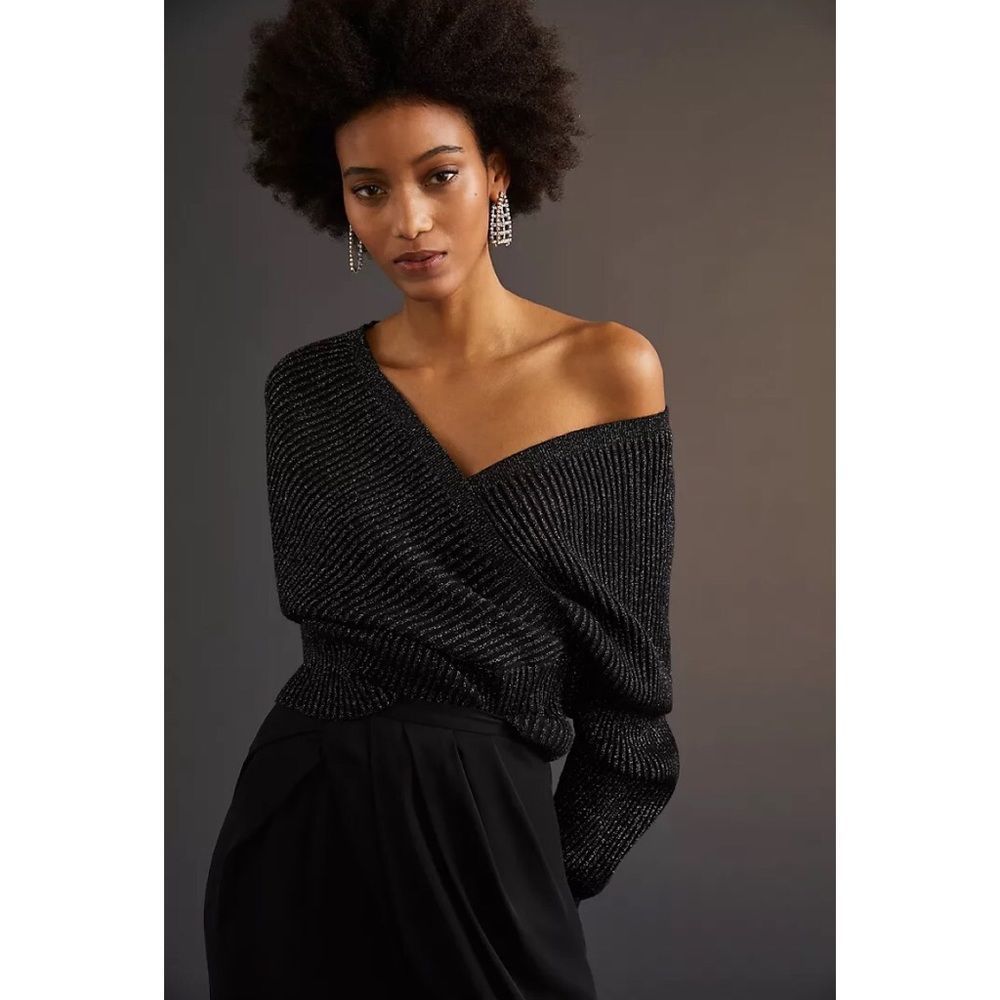 NWOT Anthropologie Shimmer Surplice Ribbed Cropped Pullover XS